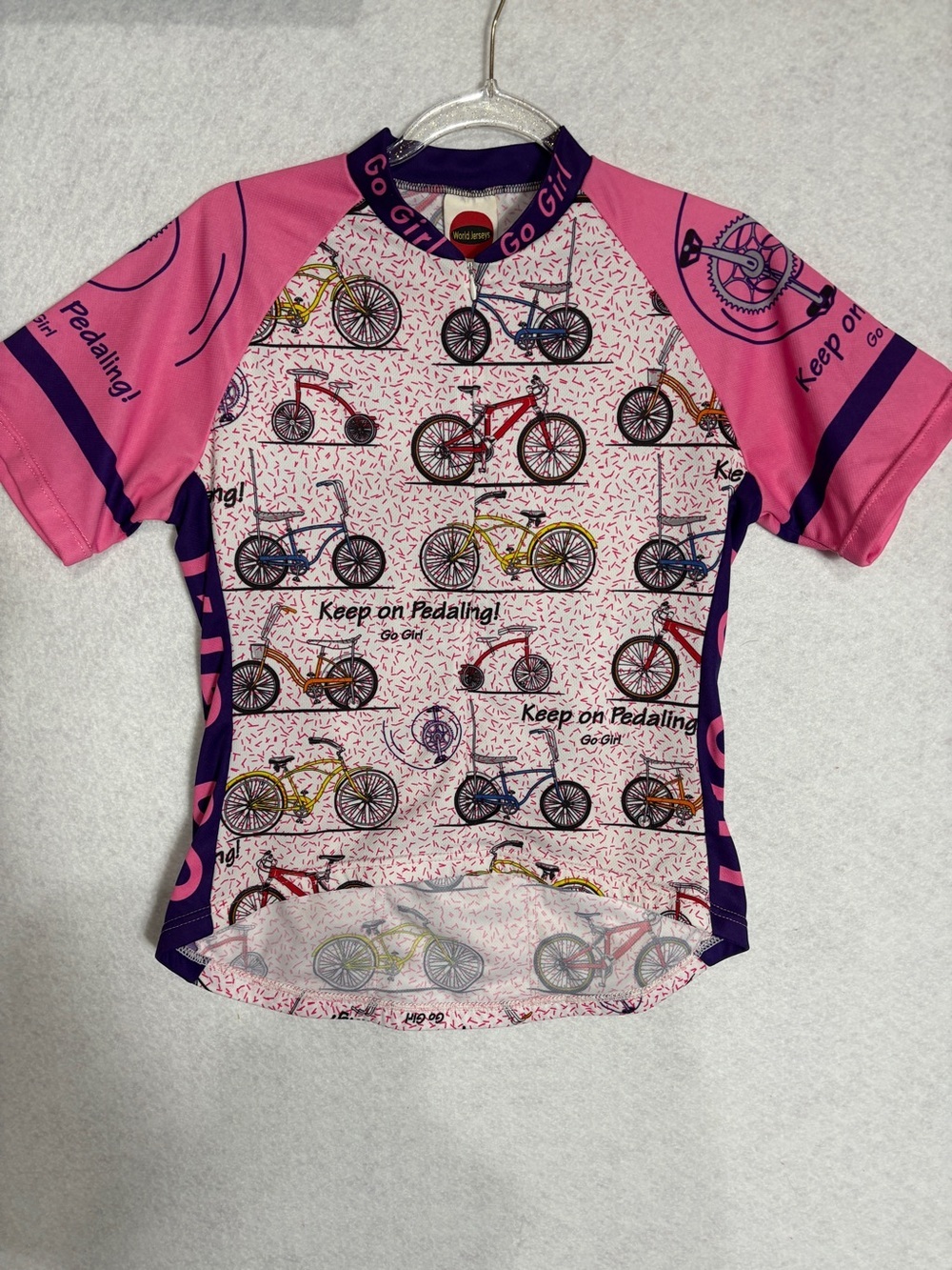 Pink Bicycle Print Kids Cycling Jersey World Jersey Size Small